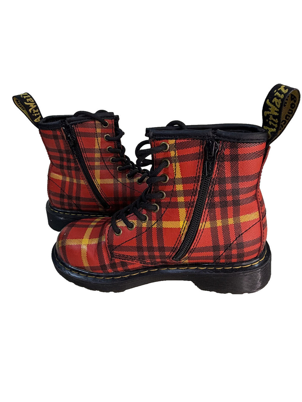 Dr Martens 1460 Tartan Plaid Boots Kids Size 1 US Red Black Yellow Side Zip VGC
